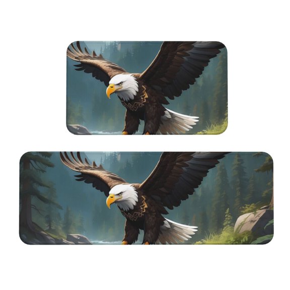 Honeii Forest River Bald Eagle Print Kitchen Mat [2 PCS] for Floor, Waterproof Non-Slip Rugs, Kitchen Decor,Standing Mat for Floor,Office, Sink, Laundry