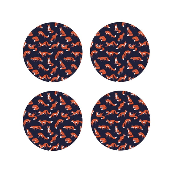 Honeii Foxes In Different Poses Print Leather Coaster Set of 4, Ideal for Safeguarding Your Furniture from Drinks Spills and Effortless Cleanup-Round Shape