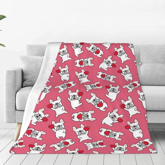 Honeii French Bulldog And Heart Print Fleece Blanket - Throw Blanket for Bed, Sofa, Couch, Camping, and Travel , Microplush Ultra Soft Warm Blanket-50"x40"