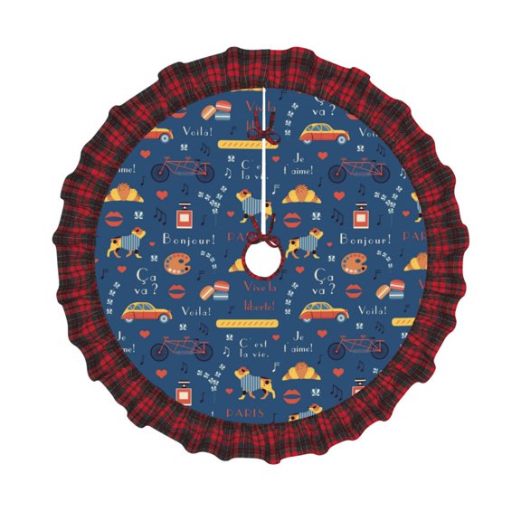 Honeii French Bulldog Dog In Beret Pattern Christmas Tree Skirt, Christmas Ribbon Holly Winter Holiday Tree Mat Decoration-