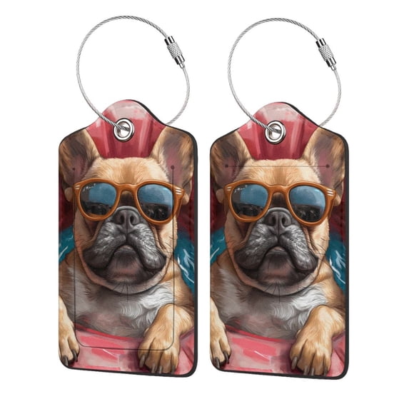 Honeii French Bulldog In Sunglasses Print Leather Luggage Tag for Suitcases,ID Tags,Bag Tags for Luggage,Functional Travel Tag-2 PCS