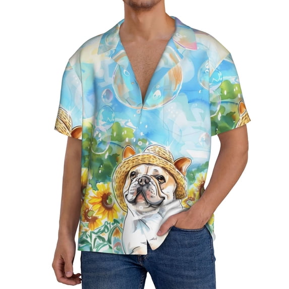 Honeii French Bulldog Sunflowers Bubbles for Men's Short-Sleeved Button-Up Collared Shirt Featuring A Pocket, Perfect for Beach Vacations, And Travel Adventures.-XX-Large