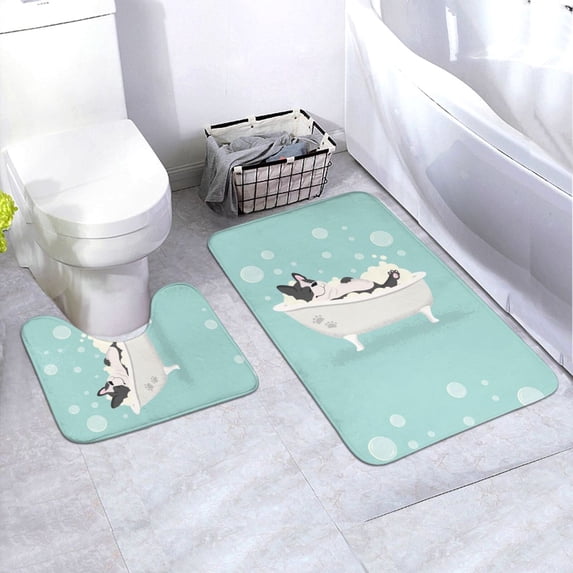 Honeii French Bulldog Taking a Bath Pattern Bathroom Anti-Skid Pad Bathroom Mat Vintage Seamless Pattern Not-Slip Toilet Rug Set