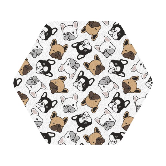 Honeii French Bulldog3 Print Leather Coaster Set of 6, Ideal for Safeguarding Your Furniture from Drinks Spills and Effortless Cleanup,Hexagon