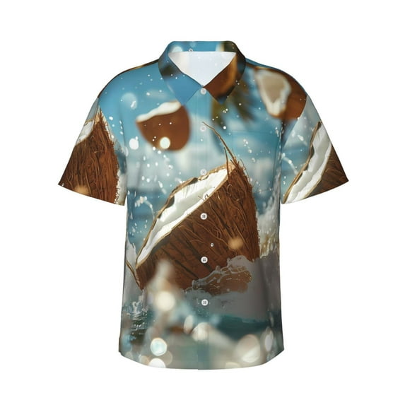Honeii Fresh Coconut Splash Print Men’s Hawaiian Shirt,Classic Button-Down Short Sleeve Shirt, for Beach, Vacation, and Outdoor Activities,Medium