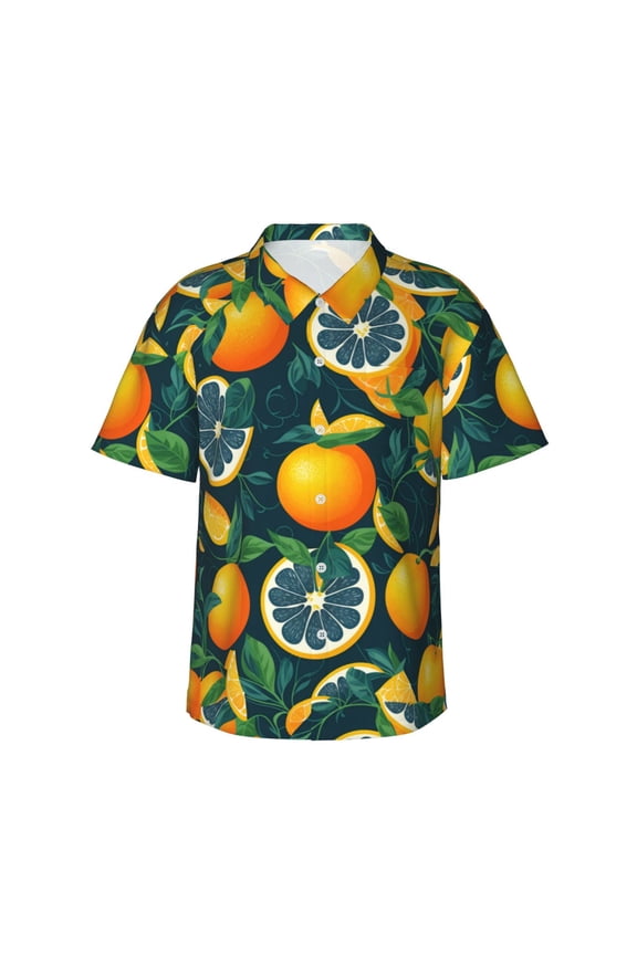 Fresh Orange Print Men’s Hawaiian Shirt,Classic Button-Down Short Sleeve Shirt, for Beach, Vacation, and Outdoor Activities,Small