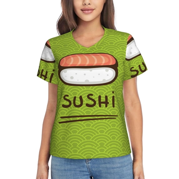 Honeii Fresh Sushi Print Women's Classic V-Neck T-Shirt,Womens Fashion Tops,Stylish Everyday Top for Women, Casual Summer Spring Outfits Clothes-Large