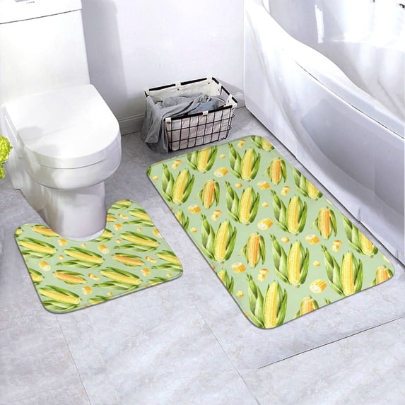Honeii Fresh Sweet Corn Pattern Bathroom Anti-Skid Pad Bathroom Mat Vintage Seamless Pattern Not-Slip Toilet Rug Set