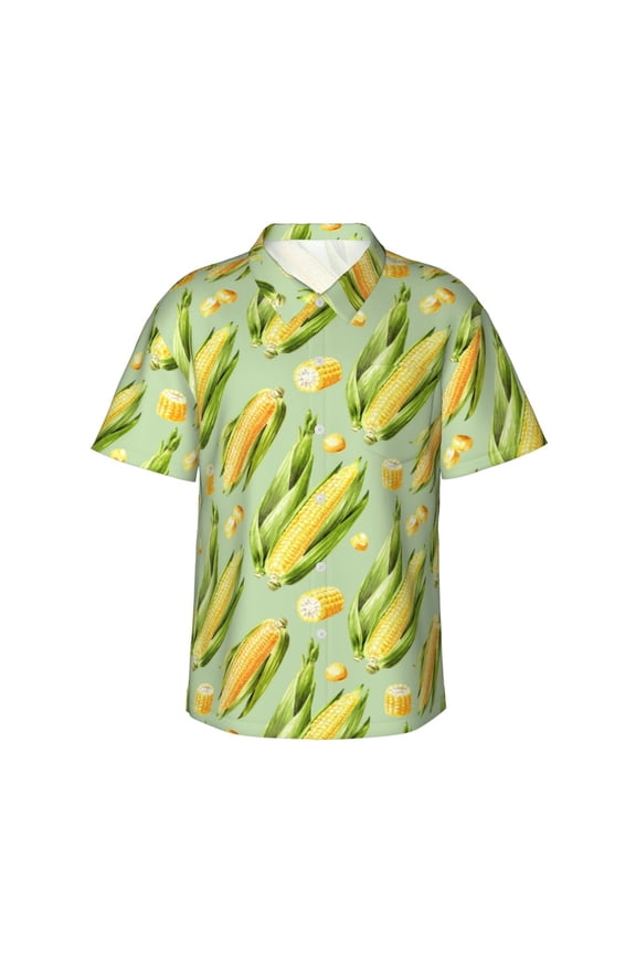 Fresh Sweet Corn Print Men’s Hawaiian Shirt,Classic Button-Down Short Sleeve Shirt, for Beach, Vacation, and Outdoor Activities,Small