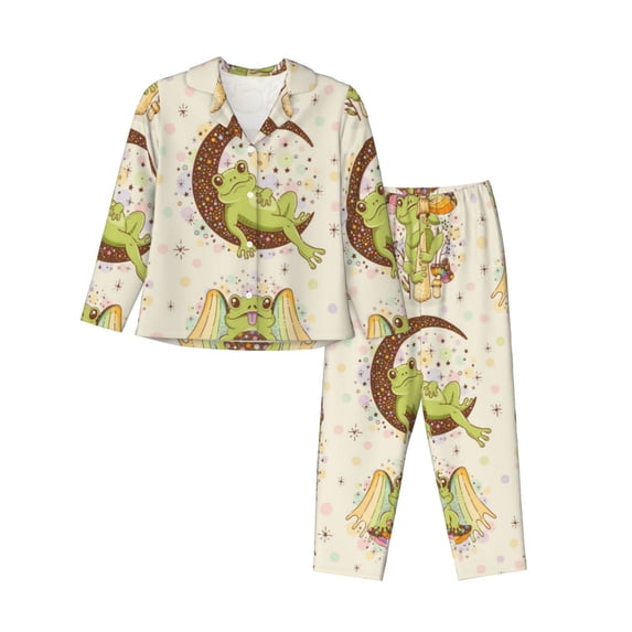 Honeii Frogs print Women's Pajama Sets Long Sleeve Button Down Sleepwear Nightwear Soft Pjs Lounge Sets-XX-Large