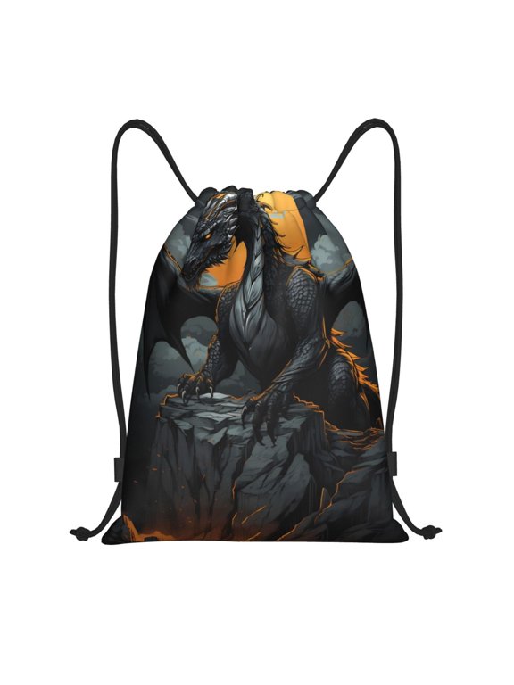 Full Moon Black Dragon Print Drawstring Backpack,Drawstring Bags String Backpack Gym Cinch Sack Backpack Sport Bag Draw-Medium