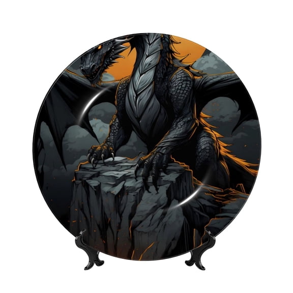 Honeii Full Moon Black Dragon Print Elegant Bone China Decorative Plate, Porcelain Plate,Art Crafts,Ceramic Ornaments for Home Office Wall Decor-6in