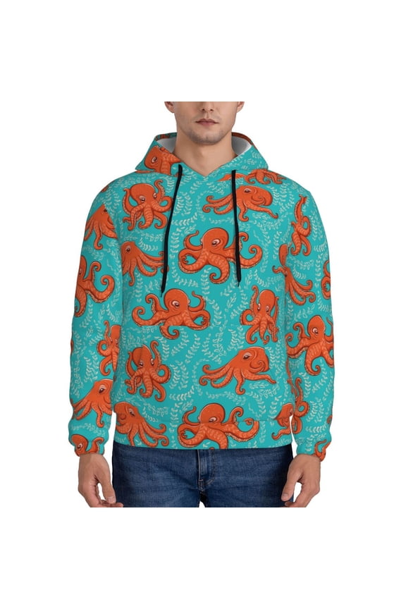 Fun Octopus Pattern Mens Hoodies Men's Loose Sleeve Sweatshirt,Pullover Hooded Sweatshirt for Men,Essentials Hoodie-Large