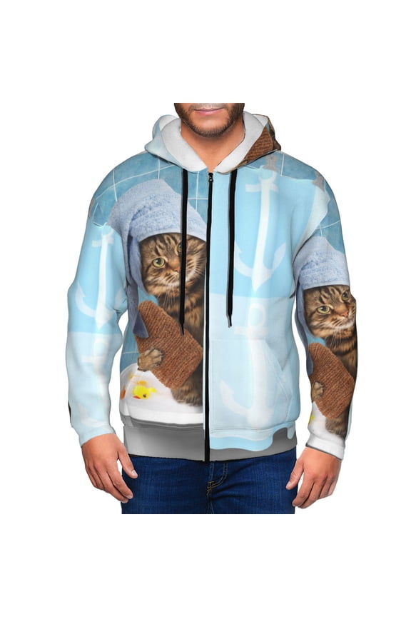 Funny Cat Taking a Bath Print Hoodies for Men, Pullover & Full Zip, Breathable Zip up Hoodie, Sweatshirt-Large
