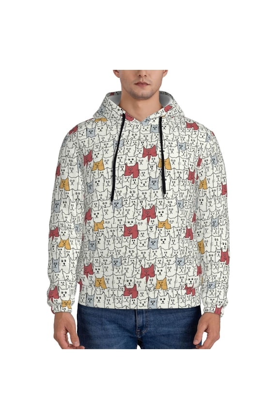 Funny Cat White Pattern Mens Hoodies Men's Loose Sleeve Sweatshirt,Pullover Hooded Sweatshirt for Men,Essentials Hoodie-Medium