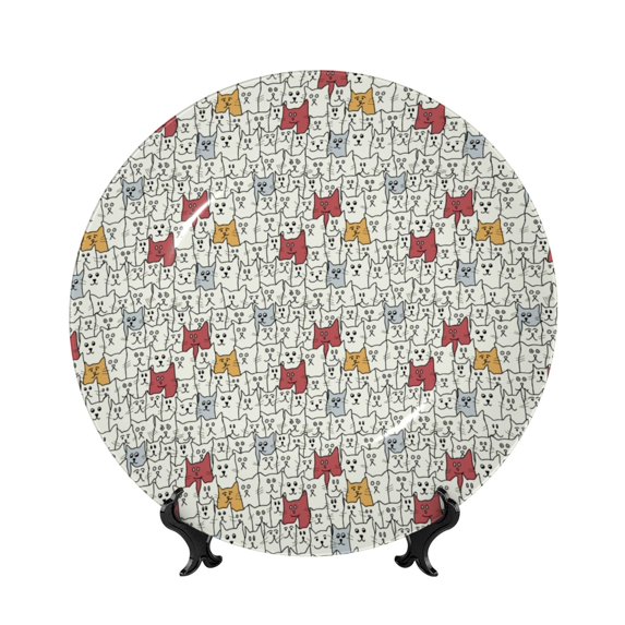 Honeii Funny Cat White Print Elegant Bone China Decorative Plate, Porcelain Plate,Art Crafts,Ceramic Ornaments for Home Office Wall Decor-7in