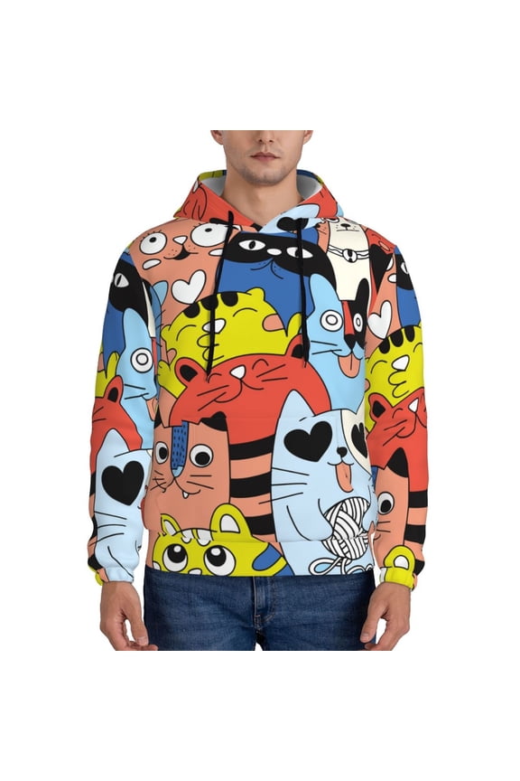 Funny Cats Pattern Mens Hoodies Men's Loose Sleeve Sweatshirt,Pullover Hooded Sweatshirt for Men,Essentials Hoodie-Small