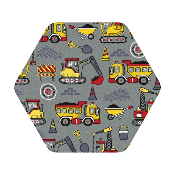Honeii Funny Construction Print Leather Coaster Set of 6, Ideal for Safeguarding Your Furniture from Drinks Spills and Effortless Cleanup,Hexagon