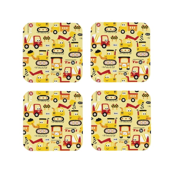 Honeii Funny Construction Vehicles print Leather Coaster Set of 4, ideal for safeguarding your furniture from drinks spills and effortless cleanup-Square