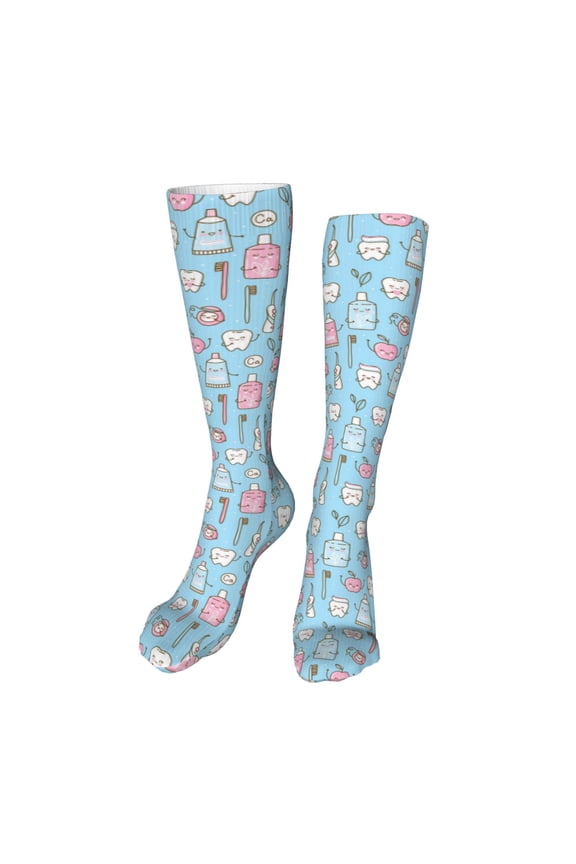 Funny Cute Teeth Print Calf Socks Sports Socks Seamless Toe, Trouser Socks,Knee High Long Socks for Women and Men-One Size