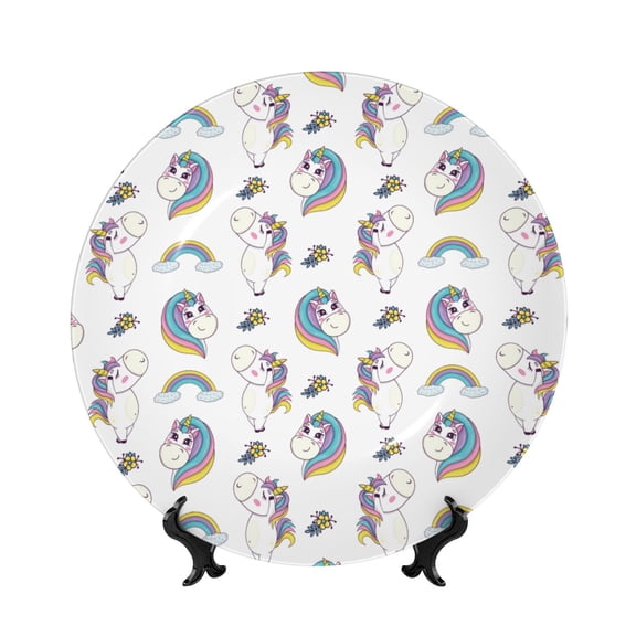 Honeii Funny Kawaii Unicorns Dancing Print Elegant Bone China Decorative Plate, Porcelain Plate,Art Crafts,Ceramic Ornaments for Home Office Wall Decor-8in
