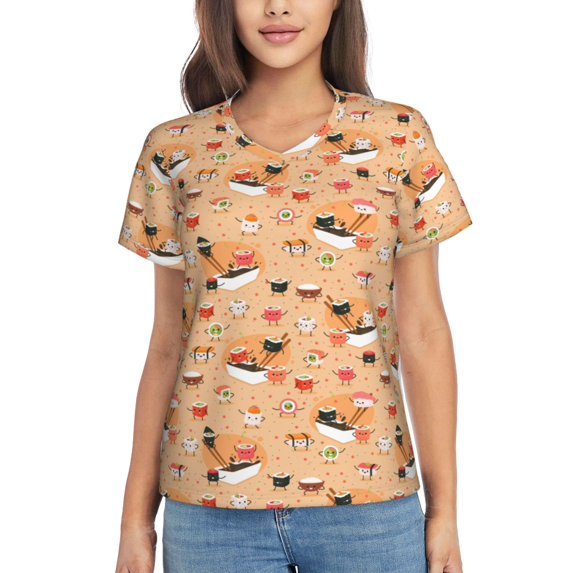 Honeii Funny Sushi Print Women's Classic V-Neck T-Shirt,Womens Fashion Tops,Stylish Everyday Top for Women, Casual Summer Spring Outfits Clothes-Medium
