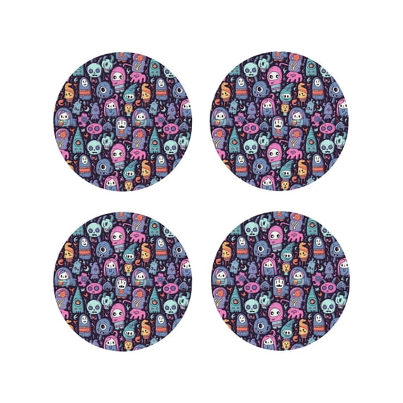 Honeii Funny colorful skull ghost Print Leather Coaster Set of 4, Ideal for Safeguarding Your Furniture from Drinks Spills and Effortless Cleanup-Round Shape