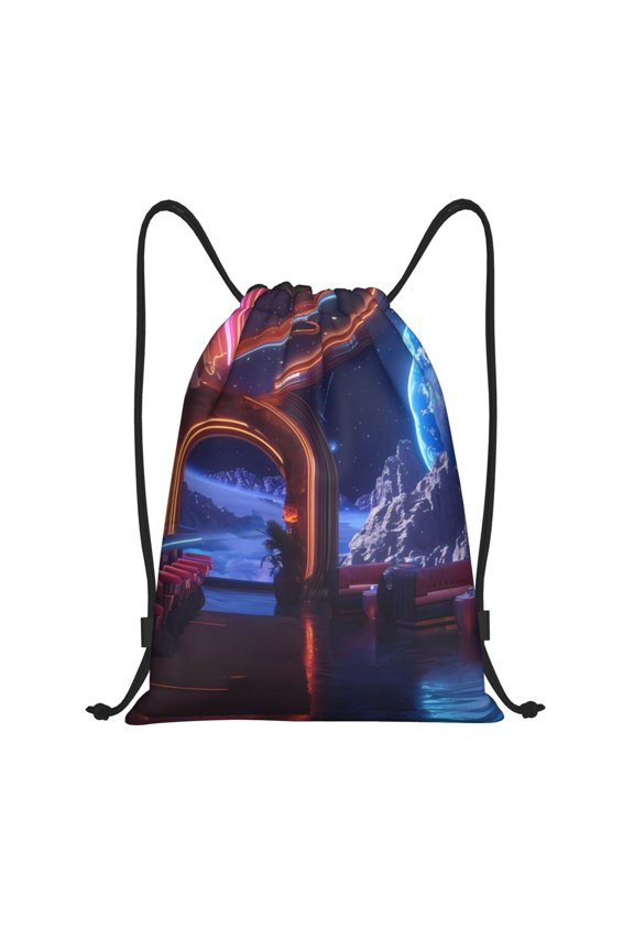 Futuristic Bar Space View Print Drawstring Backpack,Drawstring Bags String Backpack Gym Cinch Sack Backpack Sport Bag Draw-Small