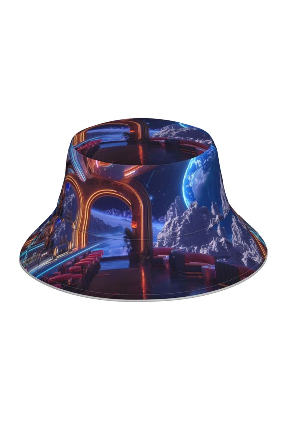 Futuristic Bar Space View for Unisex Bucket Hat Waterproof Rain Hat Reversible Shiny Rave Bucket Hat for Concert Festival Boonie Cap