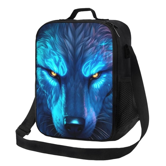Honeii Futuristic Blue Light Wolf Print Insulated Lunch Bag, Reusable Lunch Box for Adult, Leakproof Cooler Bag for Work Office Travel Picnic