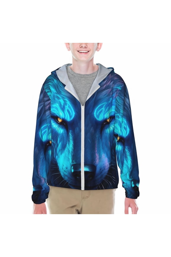 Futuristic Blue Light Wolf Print Sun Protection Jacket Hooded Cooling Shirt with Pockets Hiking Outdoor Performance-Large