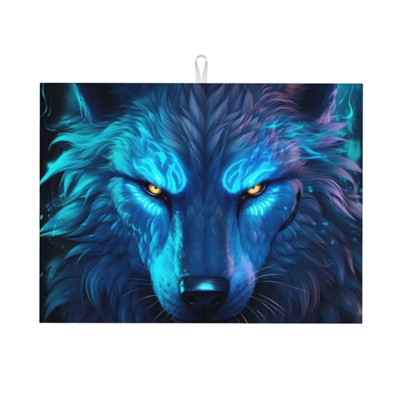 Honeii Futuristic Blue Light Wolf print Super Absorbent Coffee Bar Mat Hide Stain Coffee Maker Mat for Countertops Coffee Pot Dish Drying Mat for Kitchen Counter