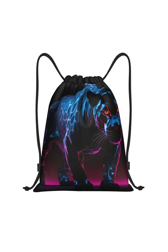 Futuristic Purple Panther Print Drawstring Backpack,Drawstring Bags String Backpack Gym Cinch Sack Backpack Sport Bag Draw-Small