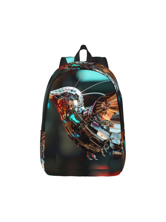 Futuristic Robot Hummingbird Print Canvas College Laptop Backpack, Durable Rucksack Travel Notebook Bag School Backpack Book Bag for Men Women-Medium