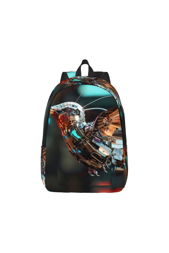 Futuristic Robot Hummingbird Print Canvas College Laptop Backpack, Durable Rucksack Travel Notebook Bag School Backpack Book Bag for Men Women-Medium