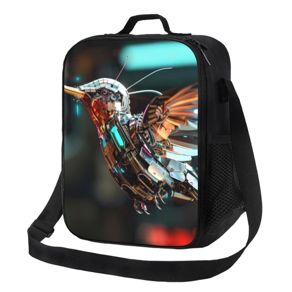 Honeii Futuristic Robot Hummingbird Print Insulated Lunch Bag, Reusable Lunch Box for Adult, Leakproof Cooler Bag for Work Office Travel Picnic