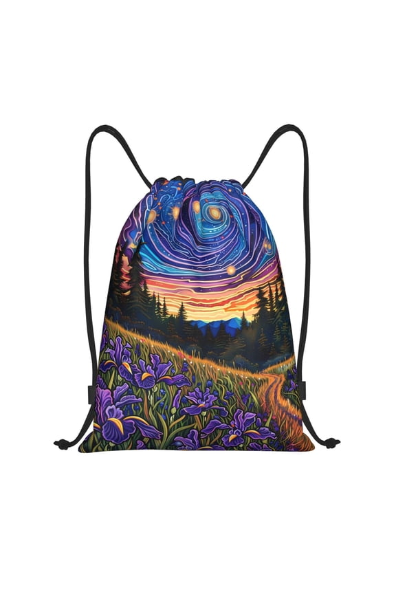 Galactic Night Over Meadow Print Drawstring Backpack,Drawstring Bags String Backpack Gym Cinch Sack Backpack Sport Bag Draw-Small