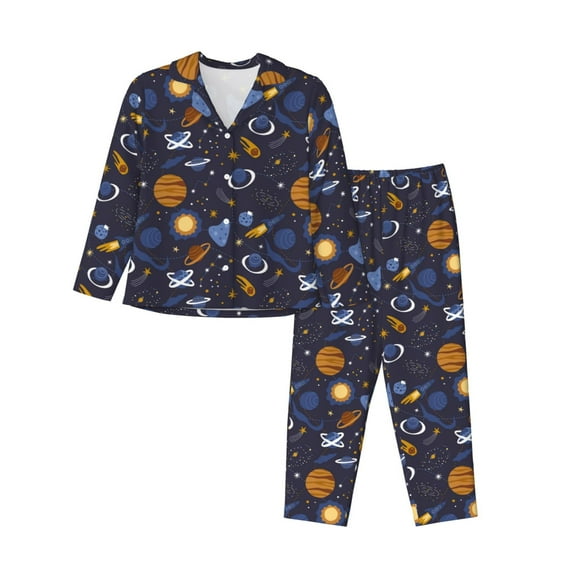 Honeii Galaxy Print Women's Pajama Sets Long Sleeve Button Down Sleepwear Nightwear Soft Pjs Lounge Sets 2PCS-Small