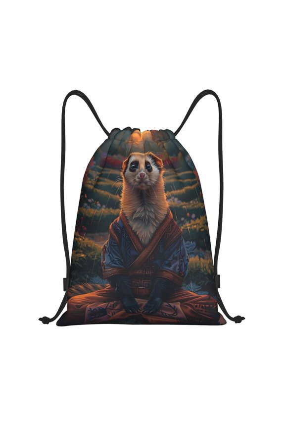 Garden Meditating Weasel Print Drawstring Backpack,Drawstring Bags String Backpack Gym Cinch Sack Backpack Sport Bag Draw-