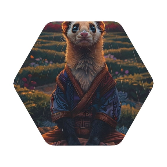 Honeii Garden Meditating Weasel Print Leather Coaster Set of 6, Ideal for Safeguarding Your Furniture from Drinks Spills and Effortless Cleanup,Hexagon
