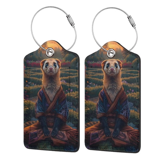 Honeii Garden Meditating Weasel Print Leather Luggage Tag for Suitcases,ID Tags,Bag Tags for Luggage,Functional Travel Tag-4 PCS