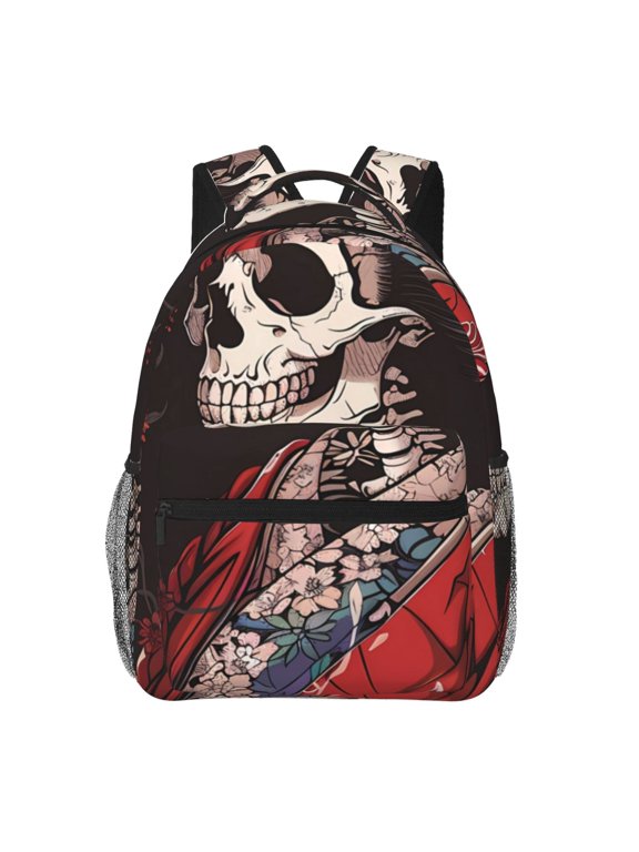 Geisha Skeleton With Flowers Print Backpack for Both Men and Women, Basic Bookbag for College, Work, or Travel,Rucksack Computer Bag-One Size