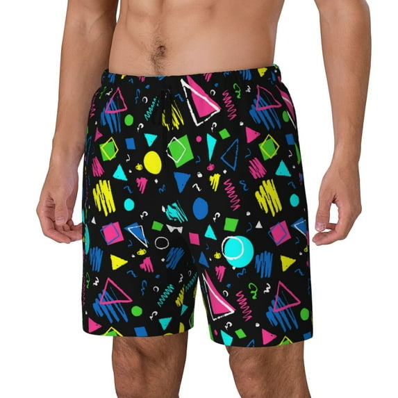 Honeii Geometric 1980s Styled Print Men's Swim Shorts,Mens Swim Trunks,Breathable Mesh Beach Shorts for Swimming,Surfing, and Beach Activities-Large