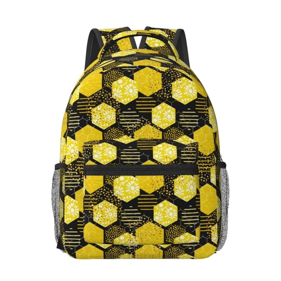 Honeii Geometric Pattern with Bee Print Backpack for School,15.6 inch Laptop Back Pack for High School and College Students, Waterproof Computer Bookbag-One Size