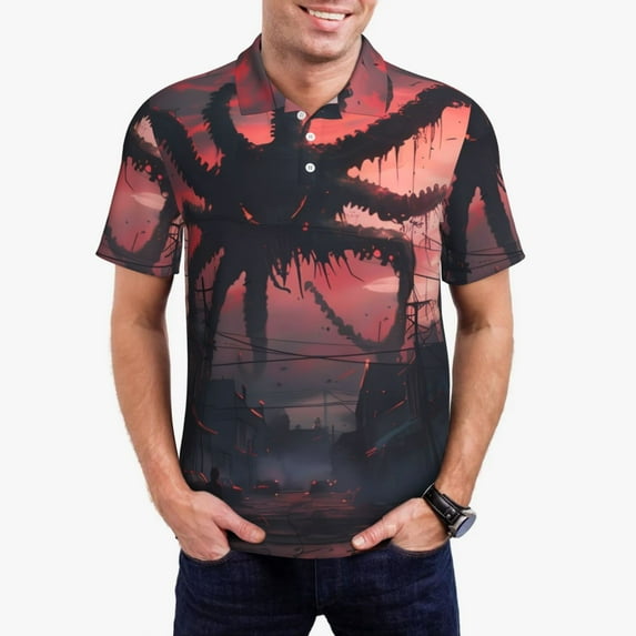 Honeii Giant Monster Over City Print Polo Shirt, A Classic Short-Sleeved, Button-Down Golf Shirt for Men,Mens Polo Shirts Short Sleeve-Medium
