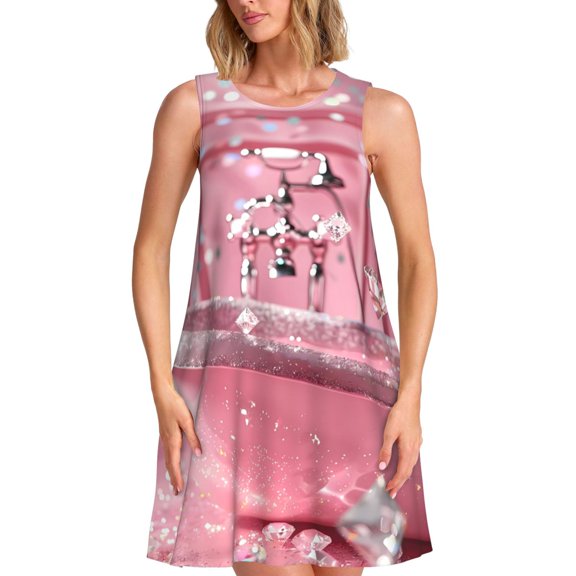 Honeii Glittering Pink Bathtub Print Women's Sleeveless Dress, Loose Fit Casual Dress for Women, Summer Fashion Dress
