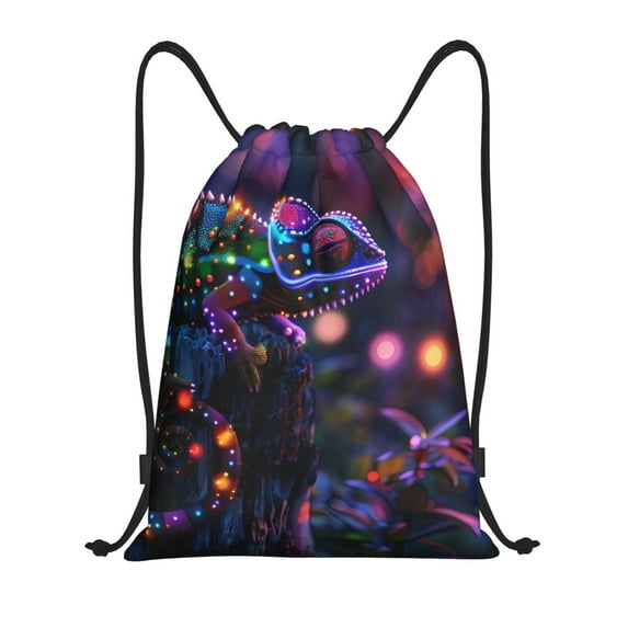 Honeii Glowing Chameleon Fantasy Art Print Drawstring Backpack,Drawstring Bags String Backpack Gym Cinch Sack Backpack Sport Bag Draw-Medium