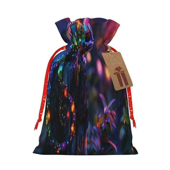 Honeii Glowing Chameleon Fantasy Art Print Small Burlap Bags,Christmas Drawstring Treat Bags Gift Bags Reusable Candy Goodie Wrapping Bags for Holiday Party Favors Supplies -Small