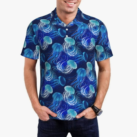 Honeii Glowing Jellyfish Pattern Print Polo Shirt, A Classic Short-Sleeved, Button-Down Golf Shirt for Men,Mens Polo Shirts Short Sleeve-Large