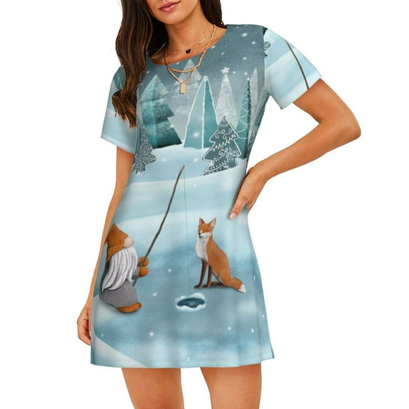 Honeii Gnome And Red Fox Fishing Print Women's Loose Short Sleeve Nightgown, Soft Cotton Sleepwear, Comfy Loose Fit Pajama Dress for Sleep and Lounge